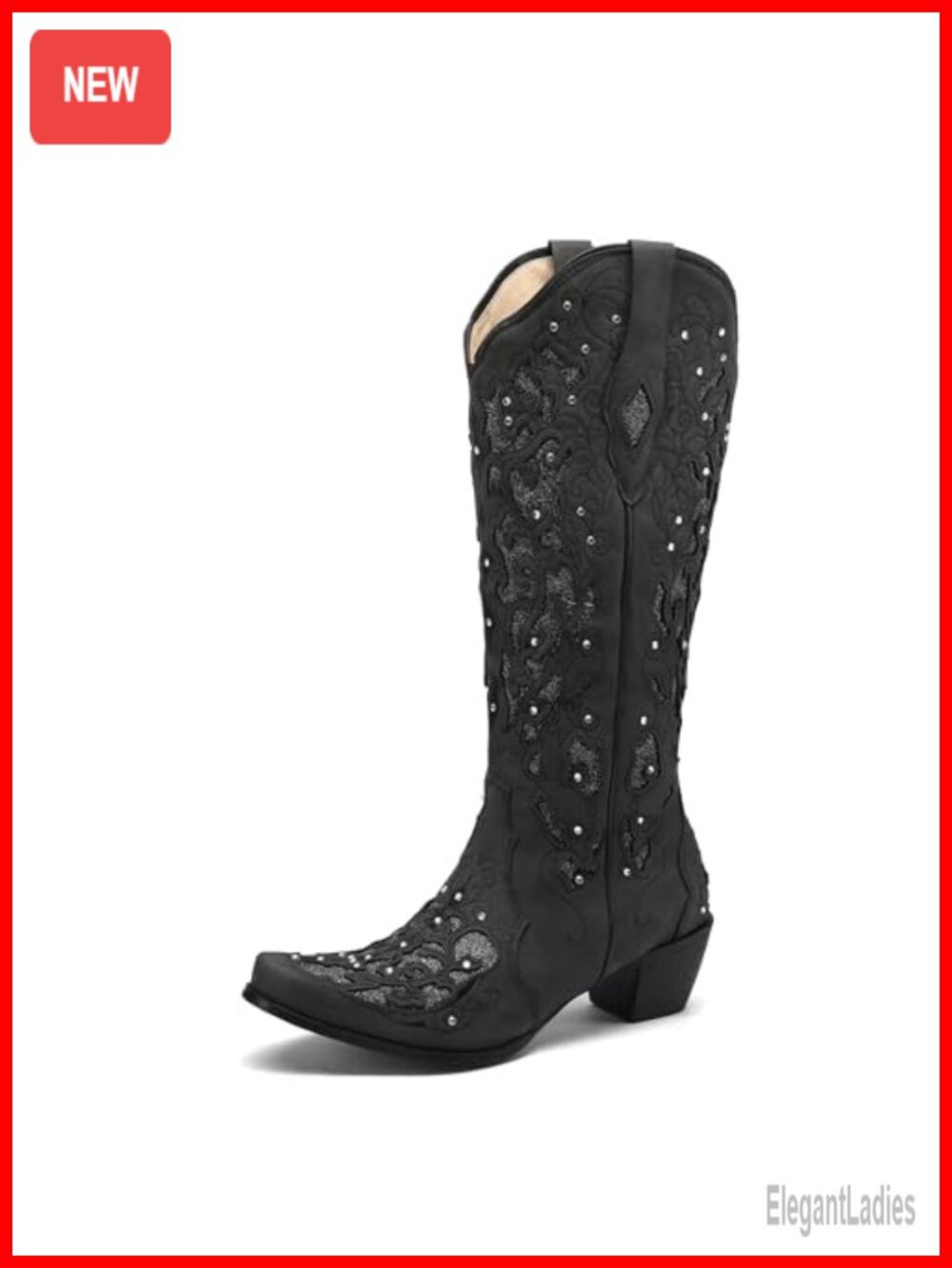 Western Cowgirl Boots Chunky Heel Pointed Toe Pull On Rhinestones Knee High